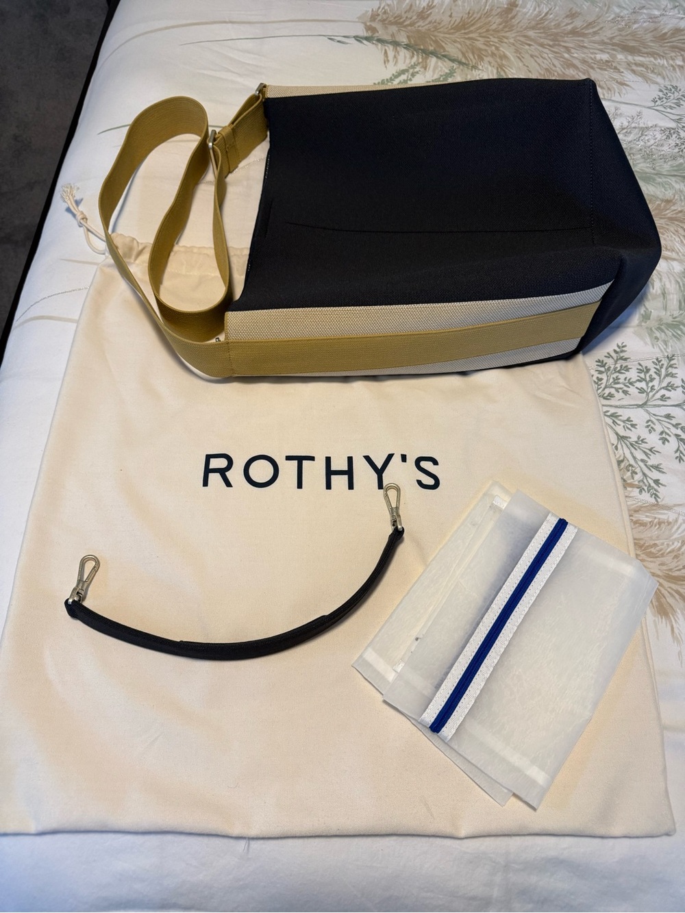 Rothy's Black, Cream & Tan Crossbody Bag with Yellow Strap